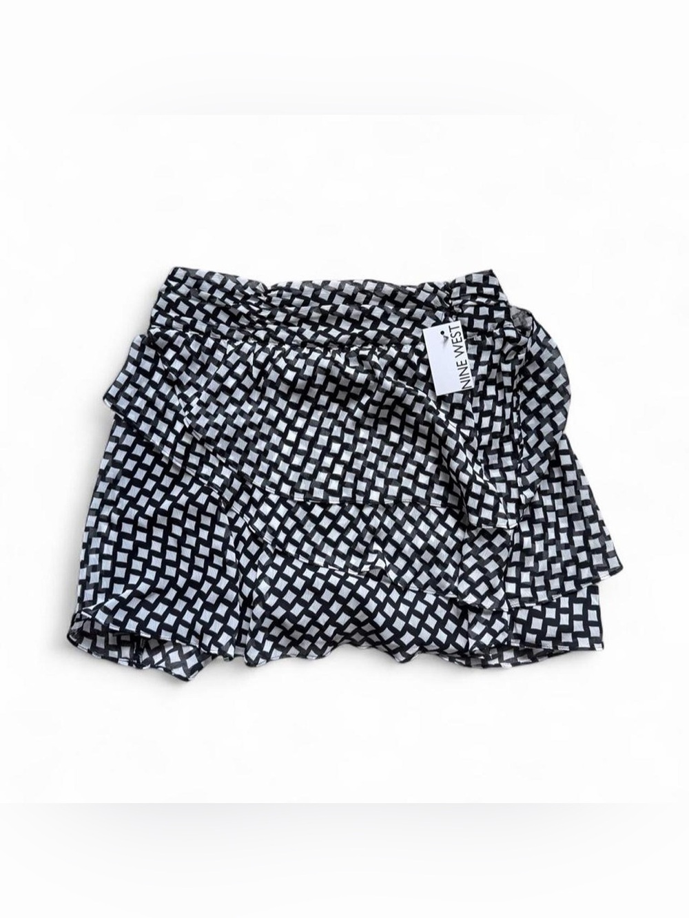 Nine West Black and White Geometric Ruffle Mini Skirt